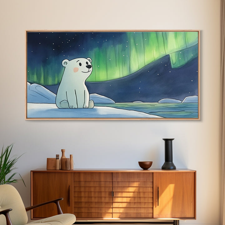 Smiling Polar Bear Under Northern Lights Canvas Print, Whimsical Arctic Nursery Decor, Kids Room Wall Art, Baby Shower Gift