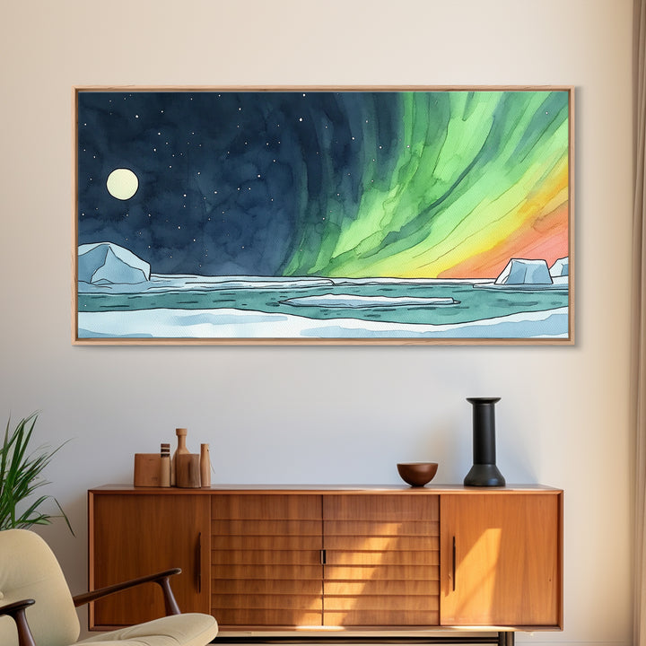 Aurora Borealis Over Icy Ocean Wall Art, Arctic Landscape Print, Celestial Night Sky Decor, Coastal Living Room Wall Art