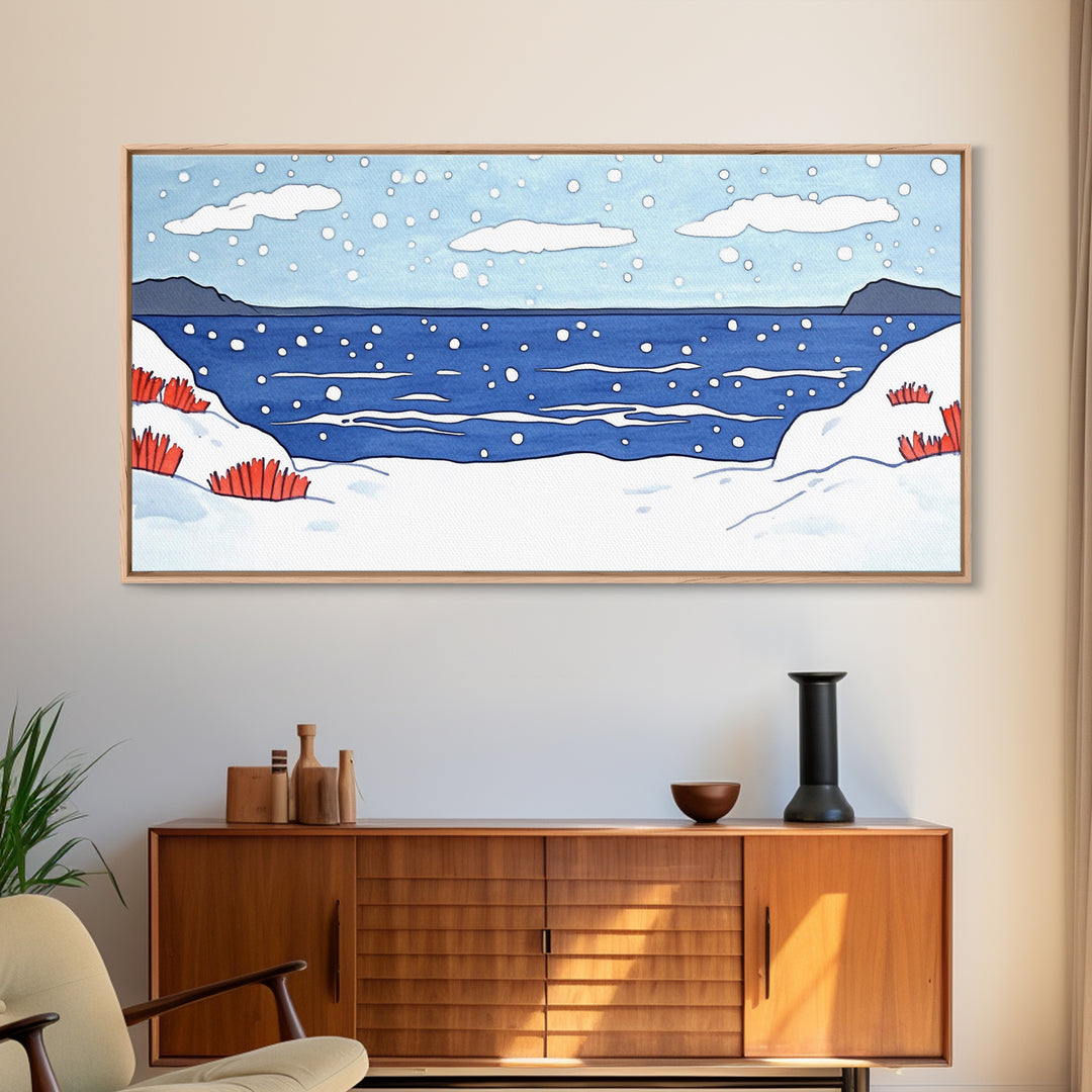 Snowy Winter Ocean With Red Grass Wall Art, Minimal Coastal Landscape Print, Scandinavian Nursery Decor, Beach House Wall Decor