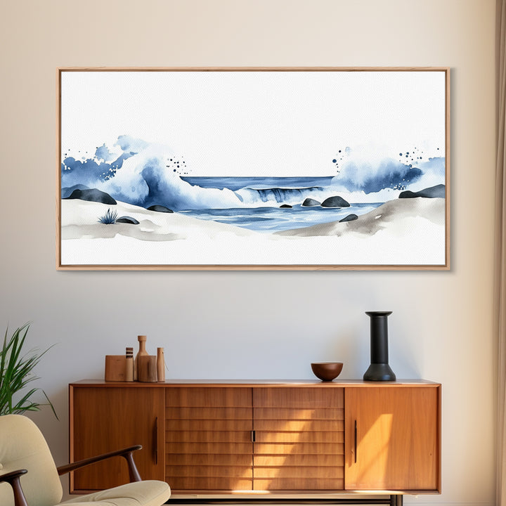 Crashing Blue Waves On Sandy Shore Canvas Print, Minimalist Ocean Wall Art, Coastal Bathroom Decor, Beach House Art Print