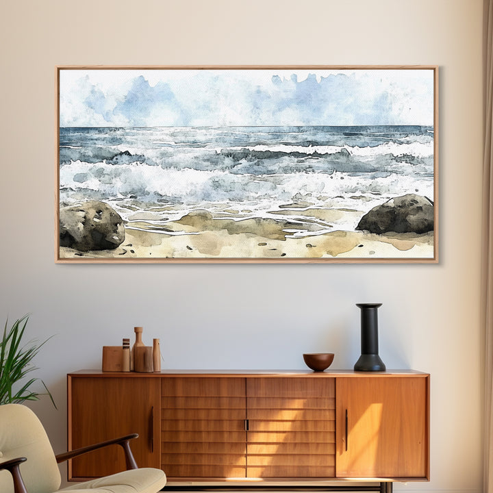 Rocky Surf And Foamy Tide Wall Art, Watercolor Ocean Painting Print, Nautical Coastal Decor, Beach House Living Room Art