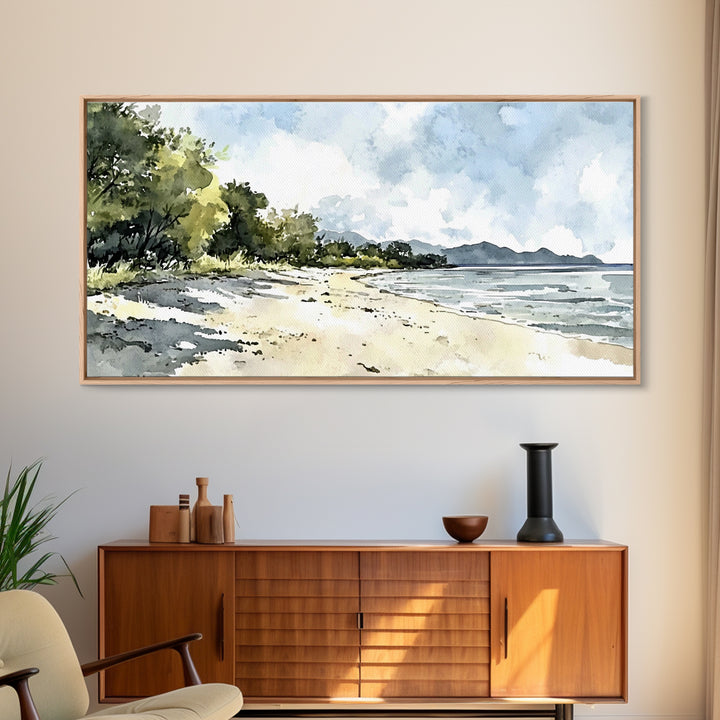 Sunny Tropical Beach With Trees Canvas Print, Coastal Landscape Wall Art, Watercolor Ocean Decor, Beach House Living Room Print