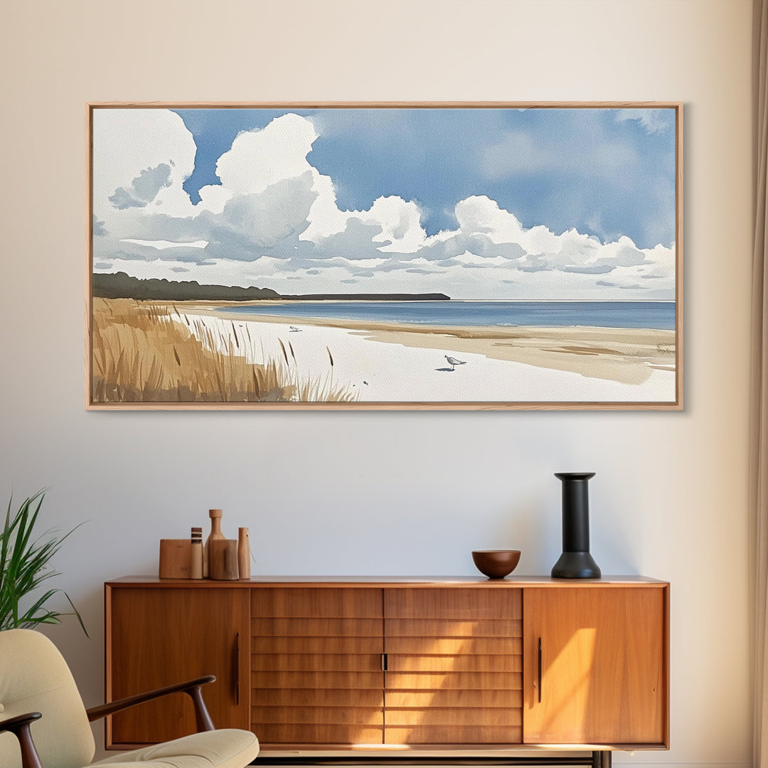 Open Sandy Beach With Big Clouds Wall Art, Soft Watercolor Seascape Print, Neutral Coastal Decor, Above Sofa Living Room Art