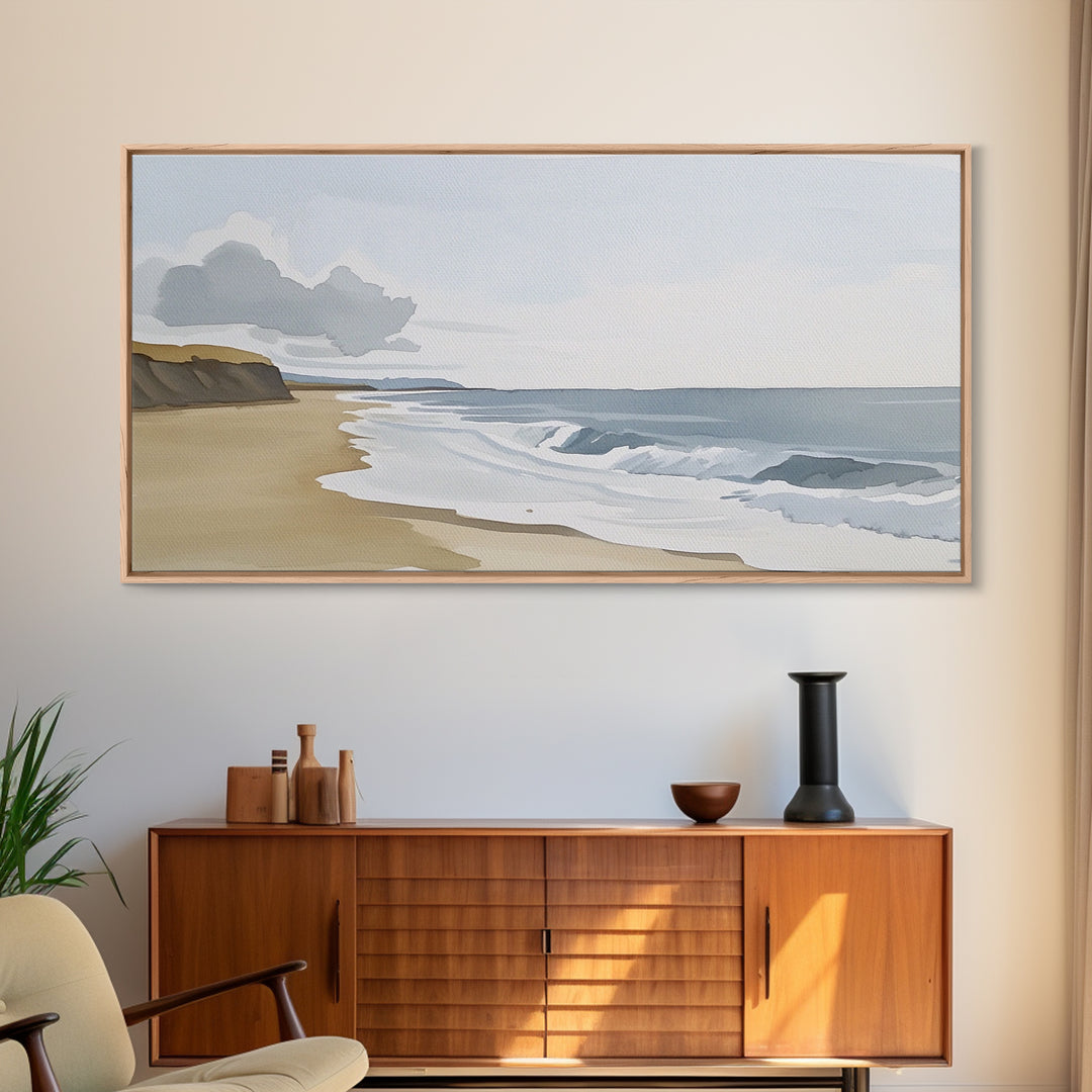 Quiet Shoreline With Rolling Waves Canvas Print, Minimalist Coastal Wall Art, Serene Beach Decor, Neutral Living Room Wall Art
