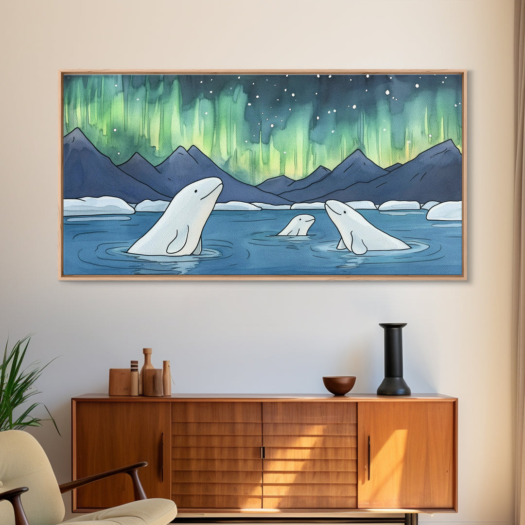 Beluga Whales Under Aurora Framed Canvas Print, Arctic Ocean Wildlife Wall Art, Nursery Decor, Kids Room Animal Art Prints