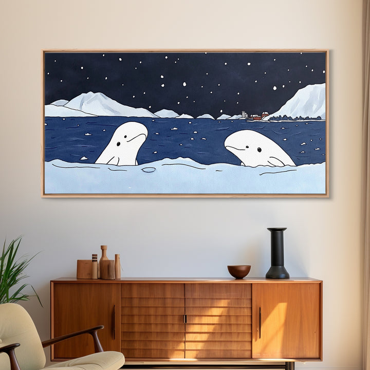Two Beluga Whales In Icy Bay Wall Art, Arctic Ocean Watercolor Painting, Coastal Nursery Decor, Winter Wildlife Print Gift