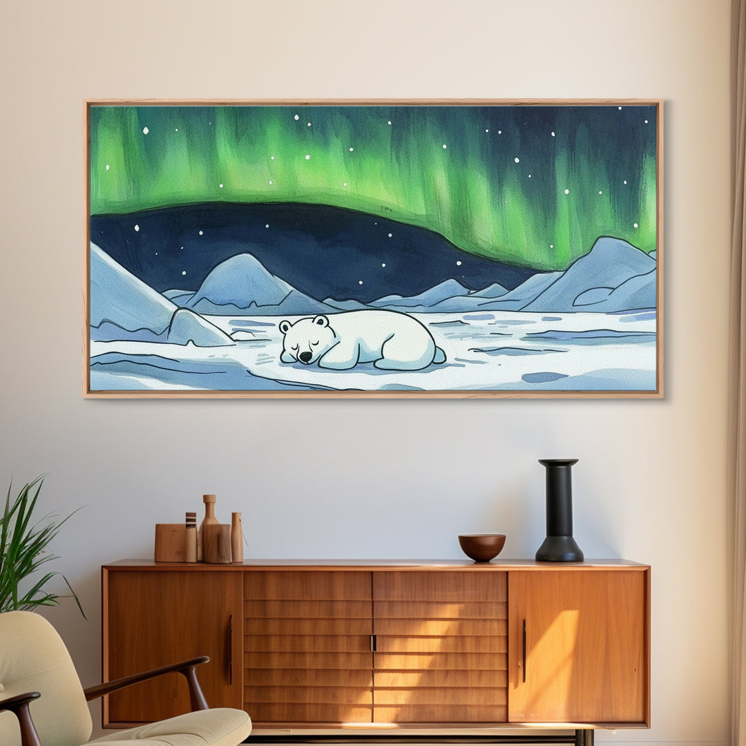 Polar Bear Under Green Aurora Wall Art, Arctic Animal Nursery Decor, Winter Landscape Art Print, Kids Room Decor Baby Gift