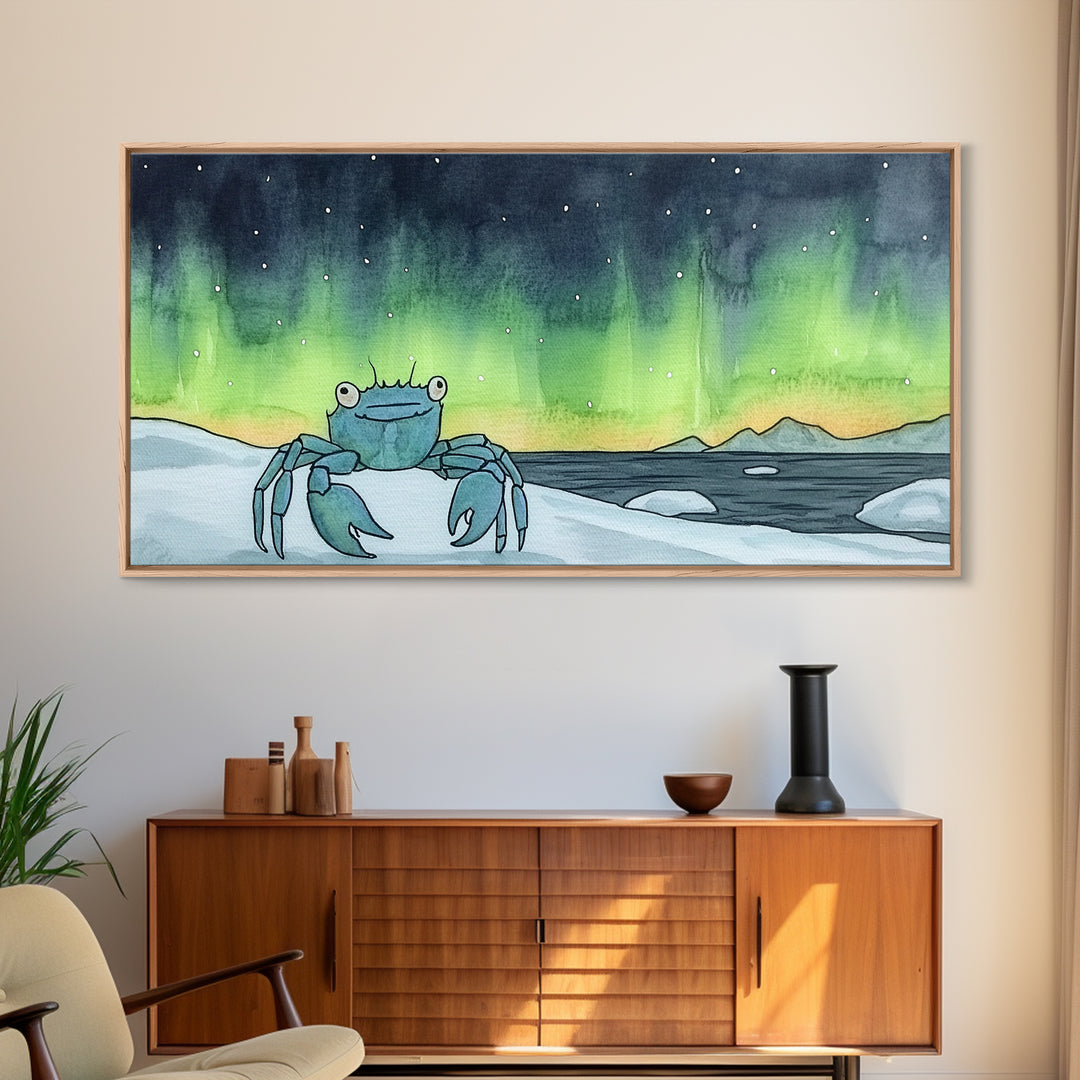 Blue Crab Under Green Aurora Wall Art, Coastal Animal Print, Ocean Nursery Decor, Whimsical Bathroom Wall Decor Gift For Her