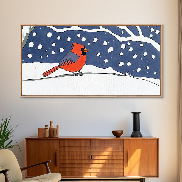 Red Cardinal In Snowy Night Wall Art, Winter Bird Print, Woodland Nursery Decor, Rustic Farmhouse Wall Decor Gift For Her