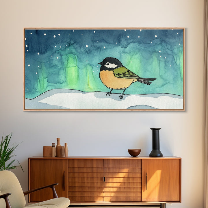 Chickadee Under Northern Lights Wall Art, Whimsical Bird Art Print, Celestial Nursery Decor, Kids Room Decor, Winter Wall Art