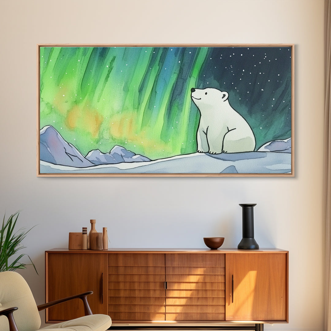 Polar Bear Beneath Aurora Framed Canvas Print, Arctic Animal Wall Art, Celestial Nature Decor, Kids Room Art, Nursery Wall Art