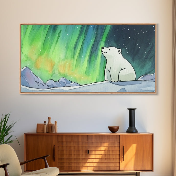 Polar Bear Beneath Aurora Framed Canvas Print, Arctic Animal Wall Art, Celestial Nature Decor, Kids Room Art, Nursery Wall Art