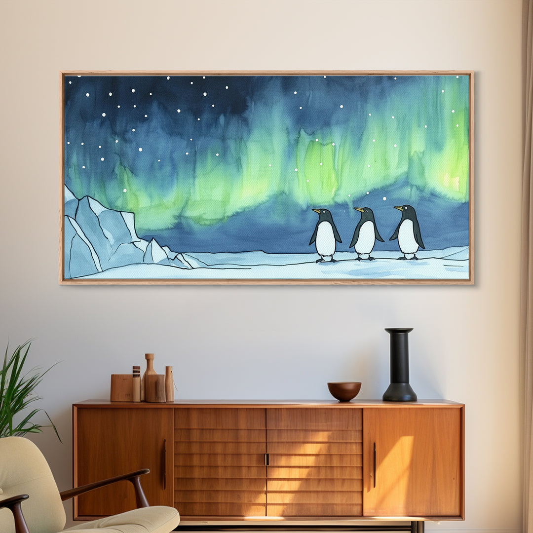Penguins Walking Under Aurora Canvas Print, Arctic Animal Wall Art, Whimsical Nursery Decor, Kids Room Art, Coastal Wall Decor