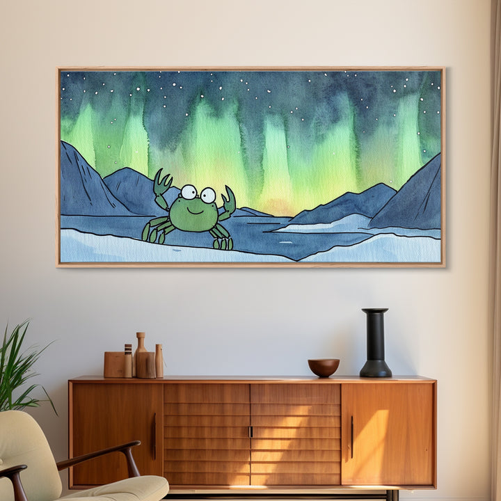 Cheerful Crab Under Northern Lights Wall Art, Whimsical Ocean Art Print, Coastal Nursery Decor, Kids Room Decor, Animal Wall Art