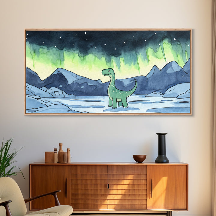 Friendly Loch Ness Dinosaur Under Aurora Wall Art, Whimsical Fantasy Art Print, Kids Room Decor, Nursery Wall Art, Lake Wall Art