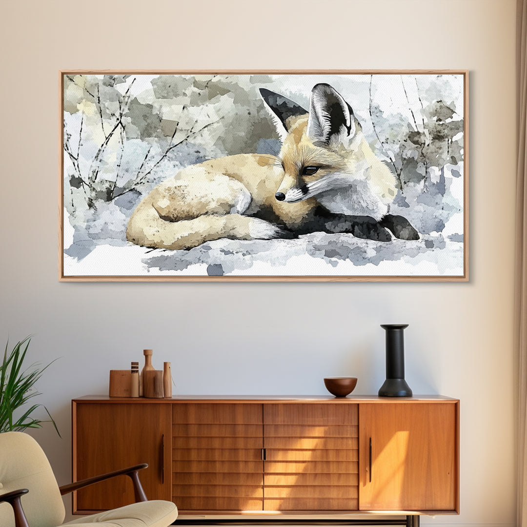 Resting Fennec Fox In Snow Watercolor Wall Art, Winter Wildlife Painting, Woodland Animal Decor, Nature Art Print Gift Idea