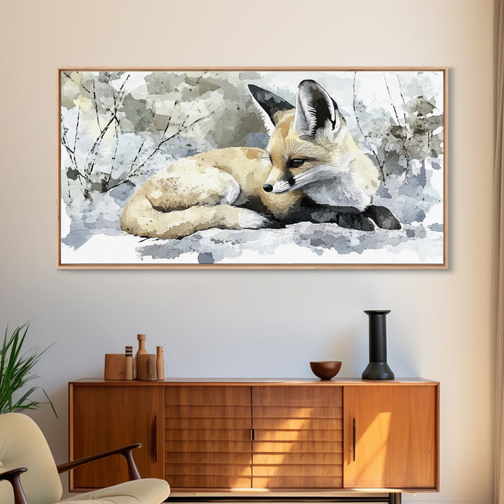 Resting Fennec Fox In Snow Watercolor Wall Art, Winter Wildlife Painting, Woodland Animal Decor, Nature Art Print Gift Idea