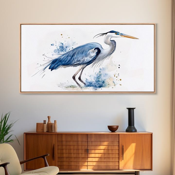 Blue Heron Watercolor Canvas Print, Elegant Coastal Bird Wall Art, Nautical Wildlife Decor, Beach House Living Room Art Print