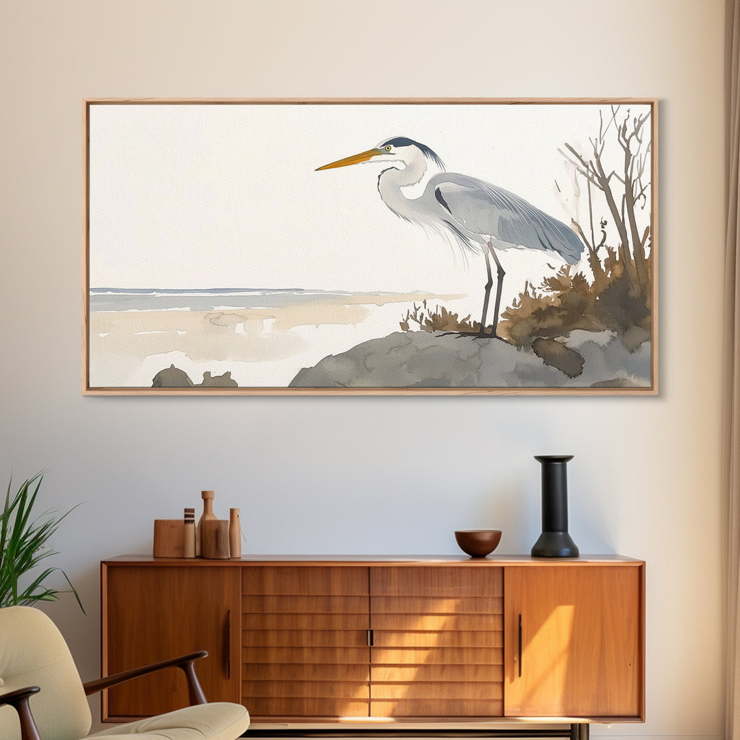 Coastal Great Blue Heron Wall Art, Serene Beach Landscape Watercolor, Nautical Bird Print, Beach House Living Room Decor