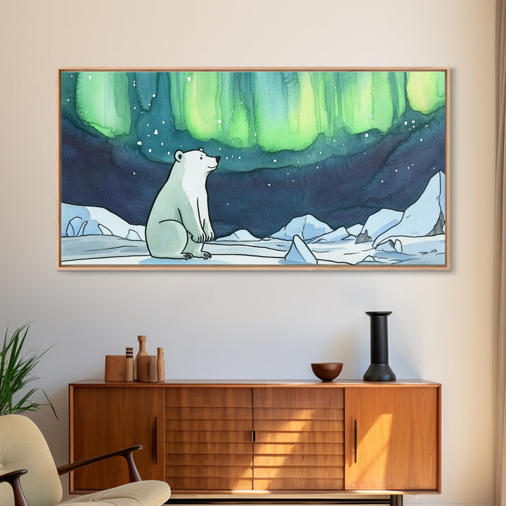 Polar Bear Northern Lights Canvas Print, Arctic Wildlife Wall Art, Aurora Borealis Nursery Decor, Whimsical Kids Room Gift