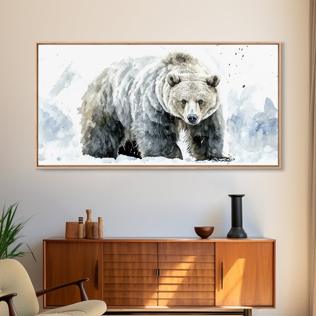 Snowy Grizzly Bear Canvas Print, Winter Wildlife Wall Art, Rustic Mountain Animal Decor, Lodge Cabin Living Room Gift For Him