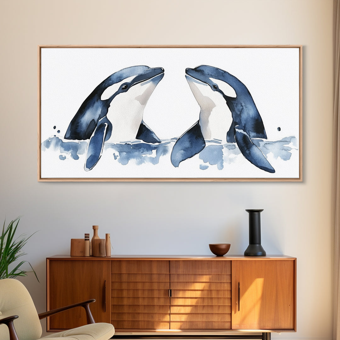 Two Orca Whales Rising From Blue Water Canvas Print, Minimalist Ocean Animal Wall Art, Coastal Nursery Decor, Gift For Her