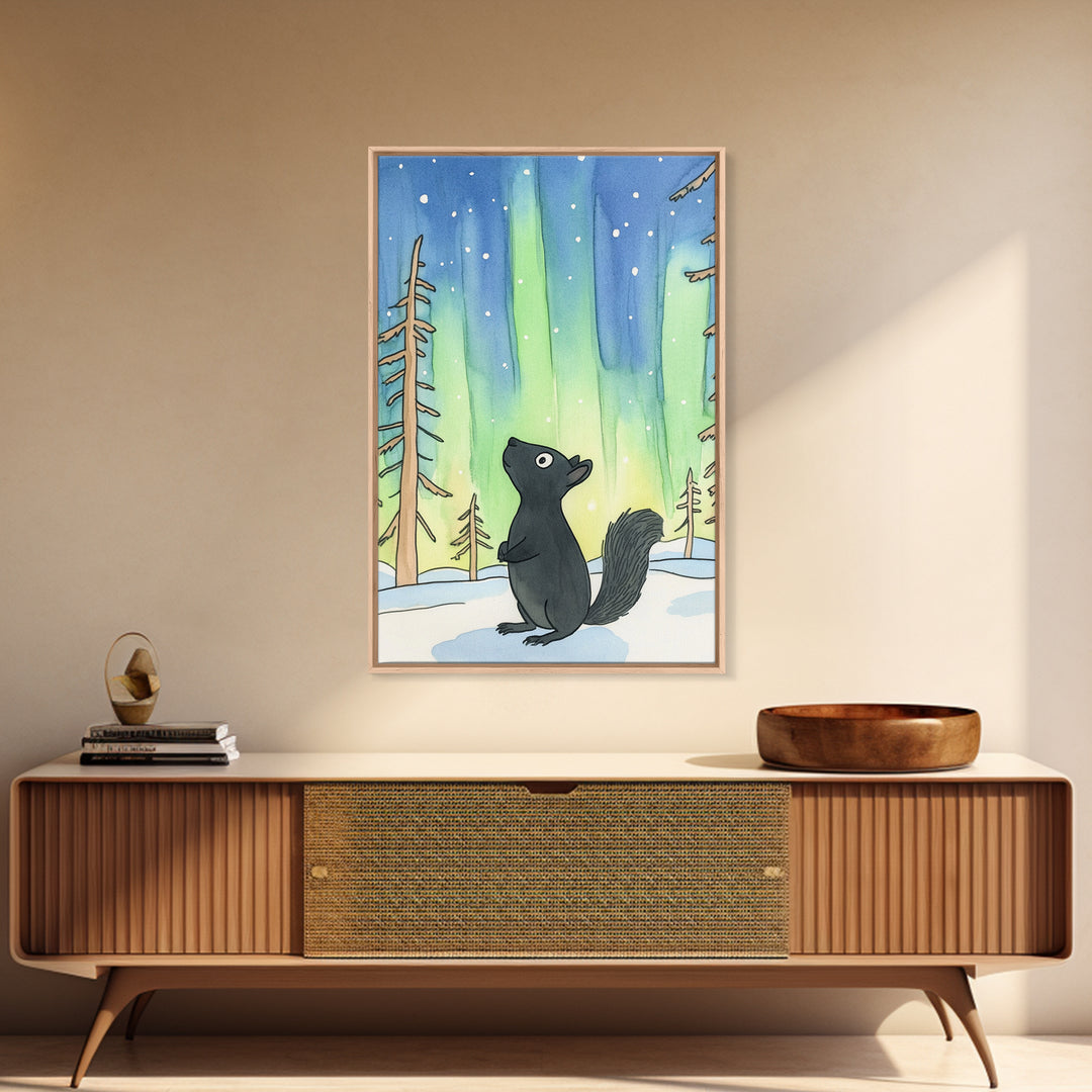 Whimsical Black Squirrel Aurora Wall Art, Northern Lights Nursery Decor, Woodland Animal Print, Winter Forest Kids Room Art