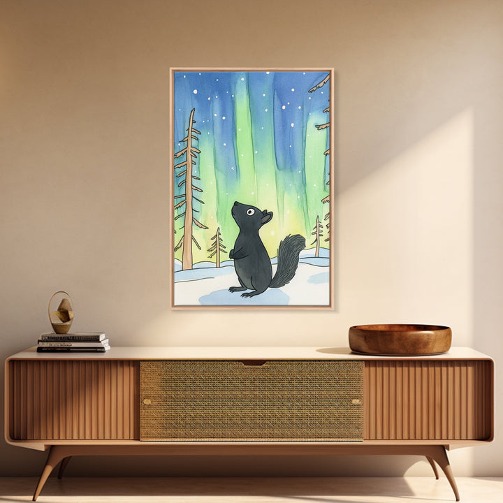 Whimsical Black Squirrel Aurora Wall Art, Northern Lights Nursery Decor, Woodland Animal Print, Winter Forest Kids Room Art