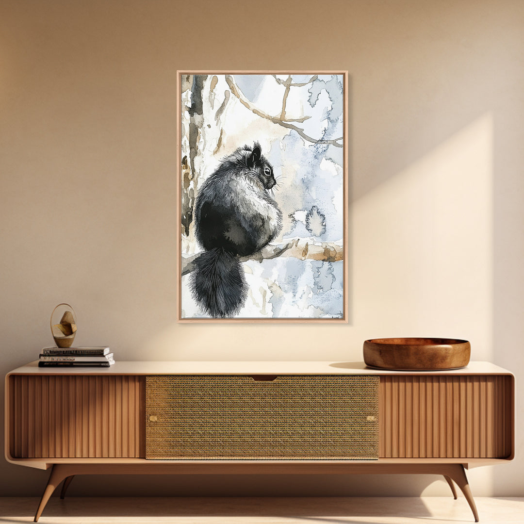 Black Squirrel Winter Branch Wall Art, Watercolor Wildlife Print, Rustic Nature Decor, Woodland Animal Art, Cabin Poster