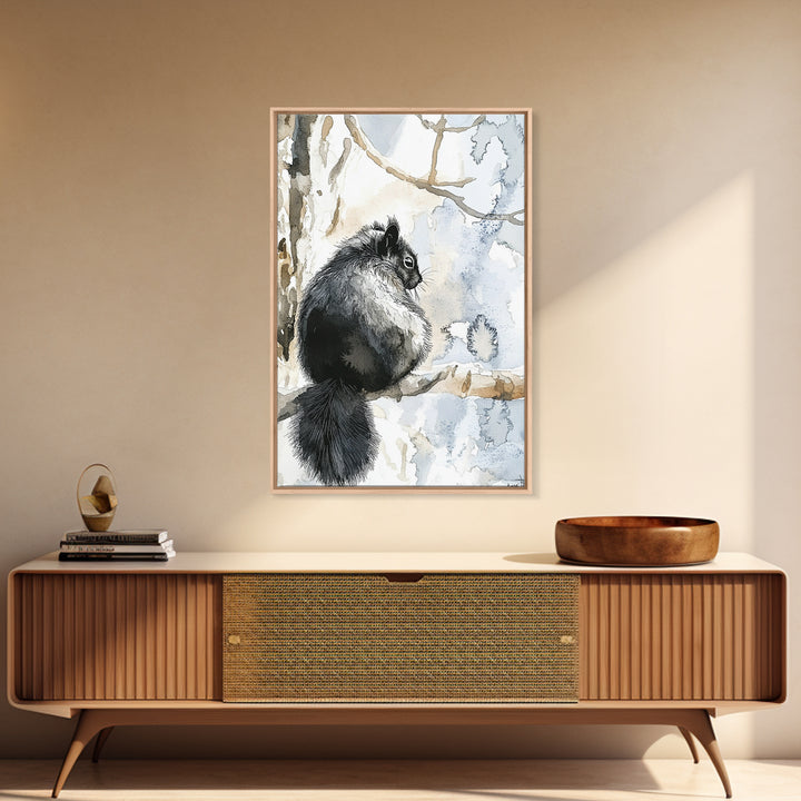Black Squirrel Winter Branch Wall Art, Watercolor Wildlife Print, Rustic Nature Decor, Woodland Animal Art, Cabin Poster