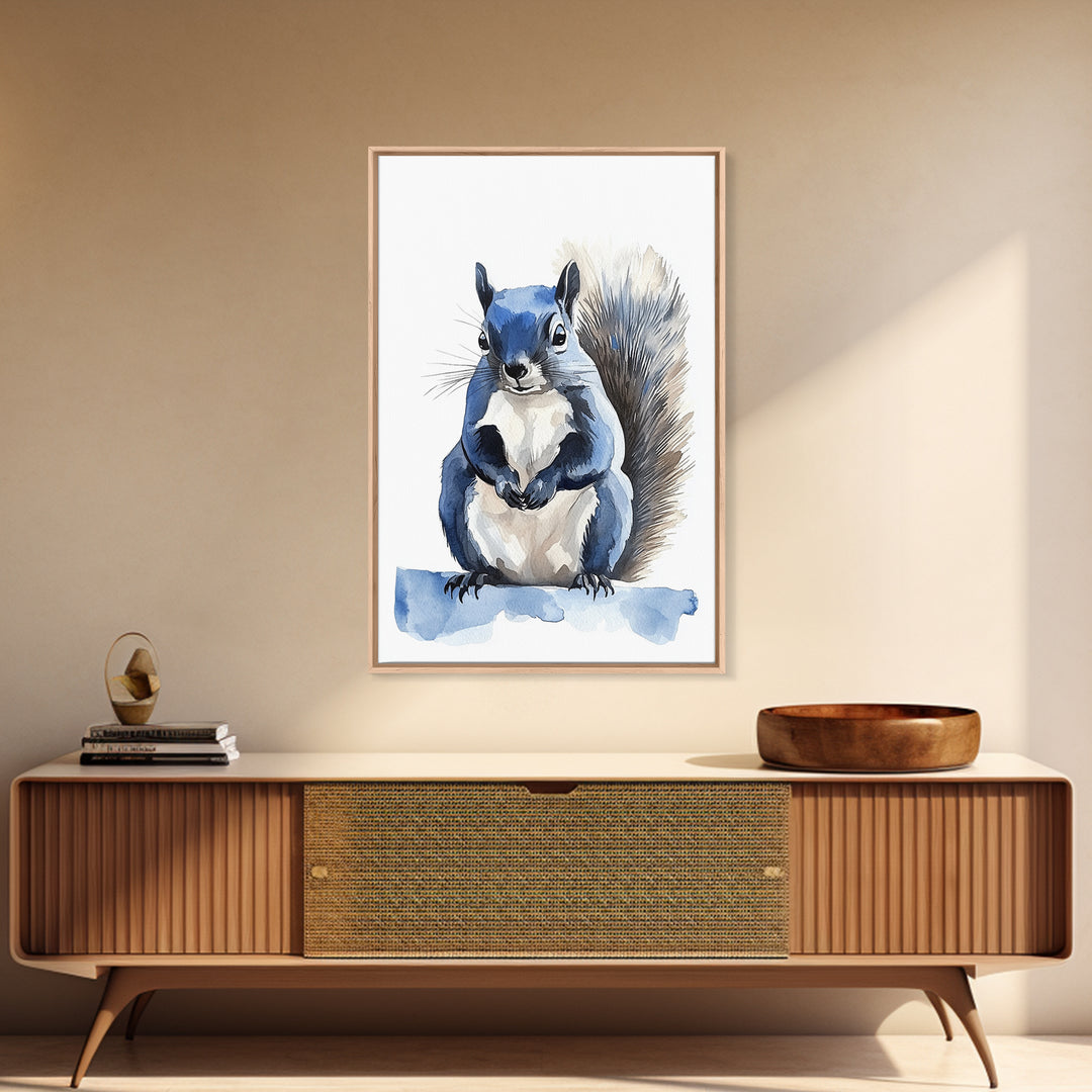 Blue Watercolor Squirrel Wall Art, Cute Woodland Animal Print, Nursery Decor, Kids Room Art, Whimsical Wildlife Poster Gift