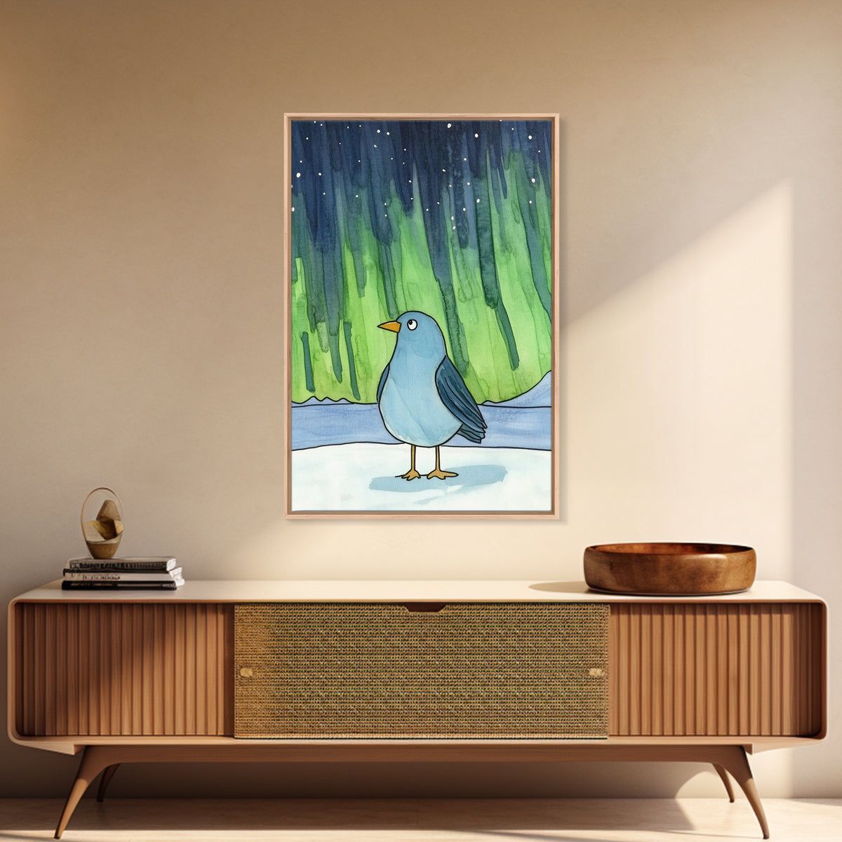 Whimsical Blue Bird Aurora Wall Art, Northern Lights Winter Decor, Nursery Animal Print, Kids Room Art, Celestial Poster