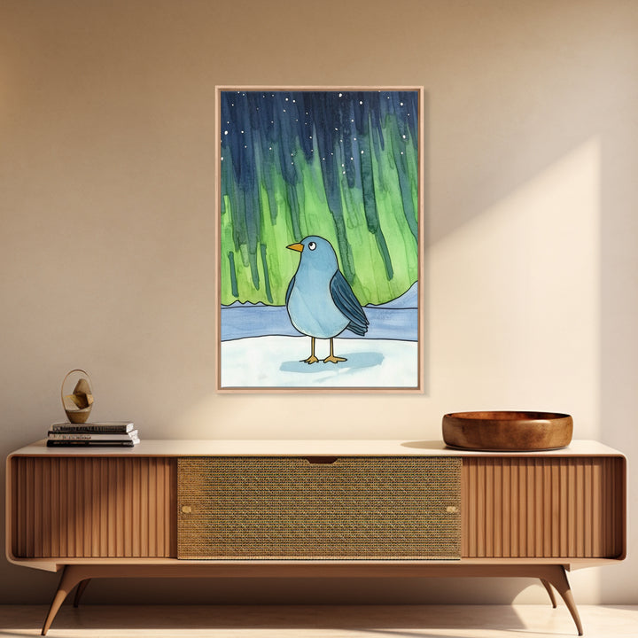 Whimsical Blue Bird Aurora Wall Art, Northern Lights Winter Decor, Nursery Animal Print, Kids Room Art, Celestial Poster
