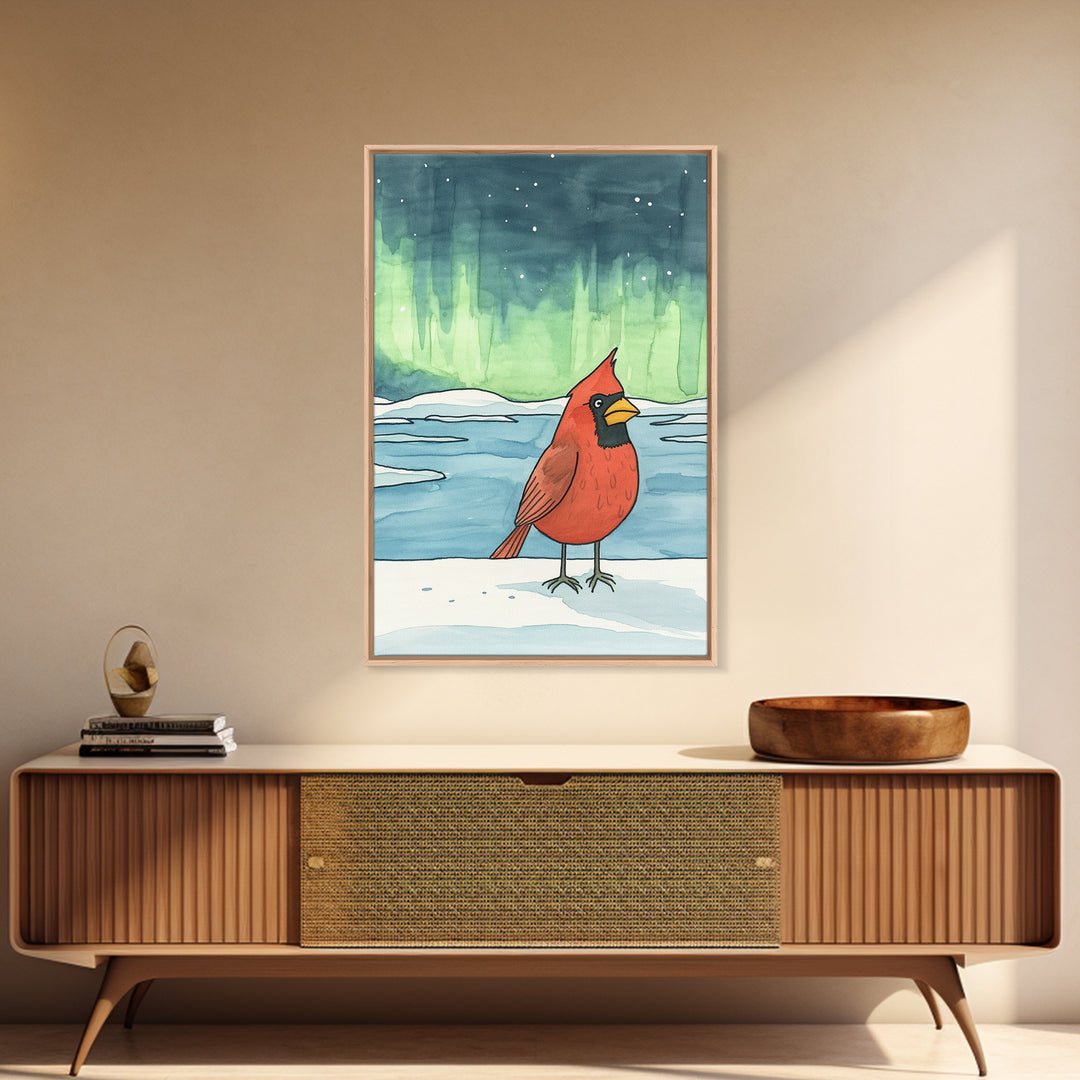 Cardinal Under Northern Lights Canvas Print, Winter Landscape Wall Art, Bird Art Print, Cozy Cabin Decor, Christmas Gift For Her