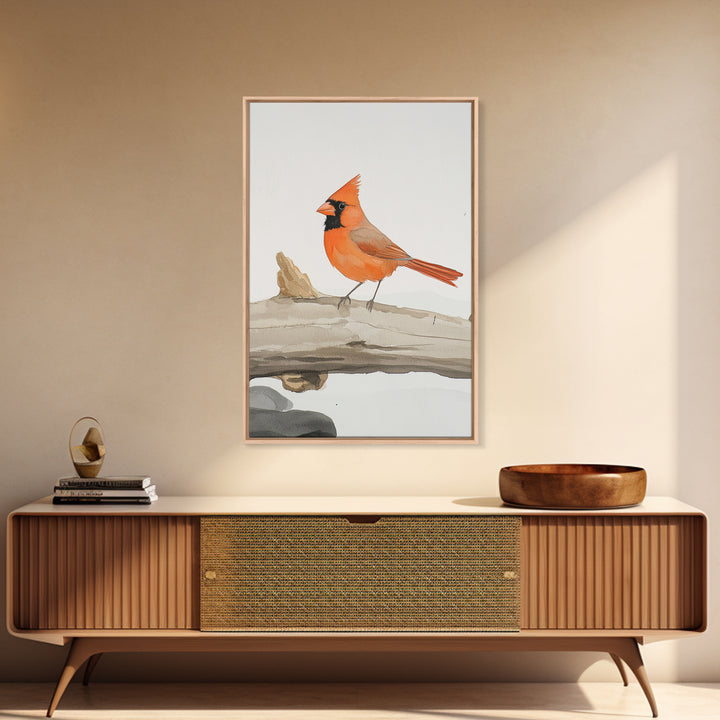 Bright Cardinal On Weathered Log Canvas Print, Winter Bird Wall Art, Rustic Nature Decor, Farmhouse Wall Decor, Gift For Her