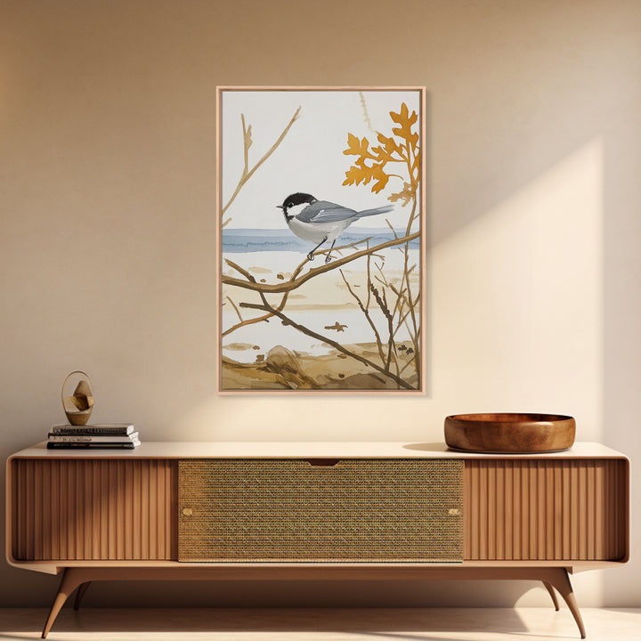 Coastal Chickadee On Driftwood Branch Wall Art, Beach House Decor, Nautical Nature Print, Bird Art Print, Serene Seaside Decor