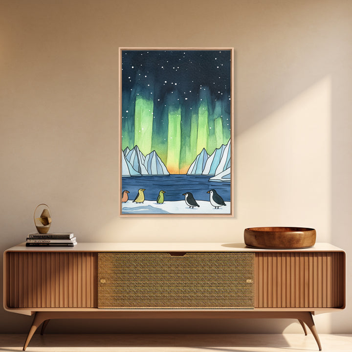 Penguins Under Northern Lights Canvas Print, Aurora Borealis Wall Decor, Arctic Animal Art, Kids Room Decor, Whimsical Nursery Art