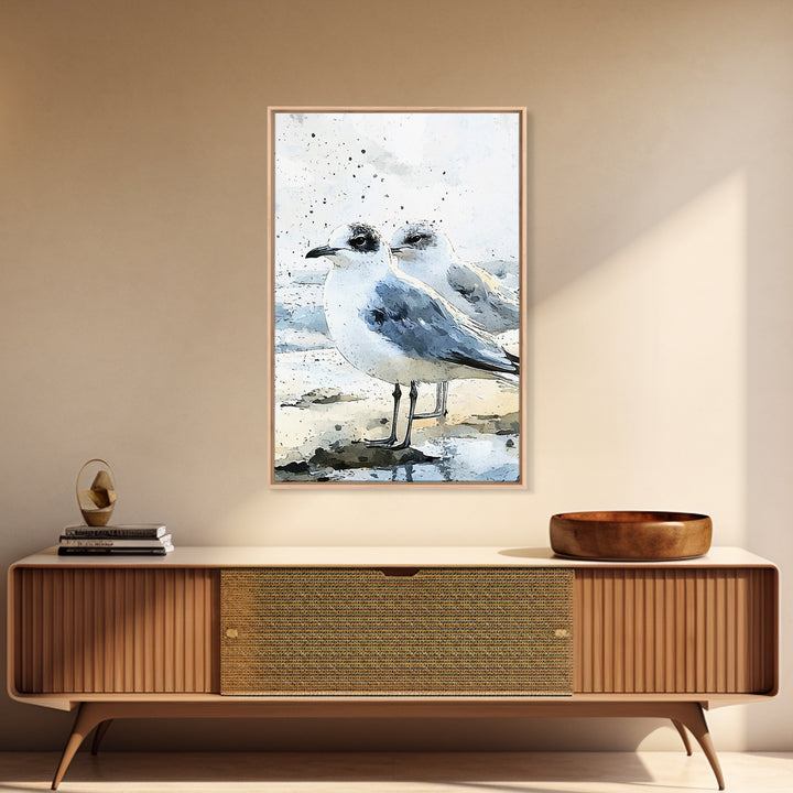 Two Seagulls On Sandy Beach Framed Canvas Print, Coastal Wall Art, Ocean Decor, Nautical Art Print, Beach House Decor Gift