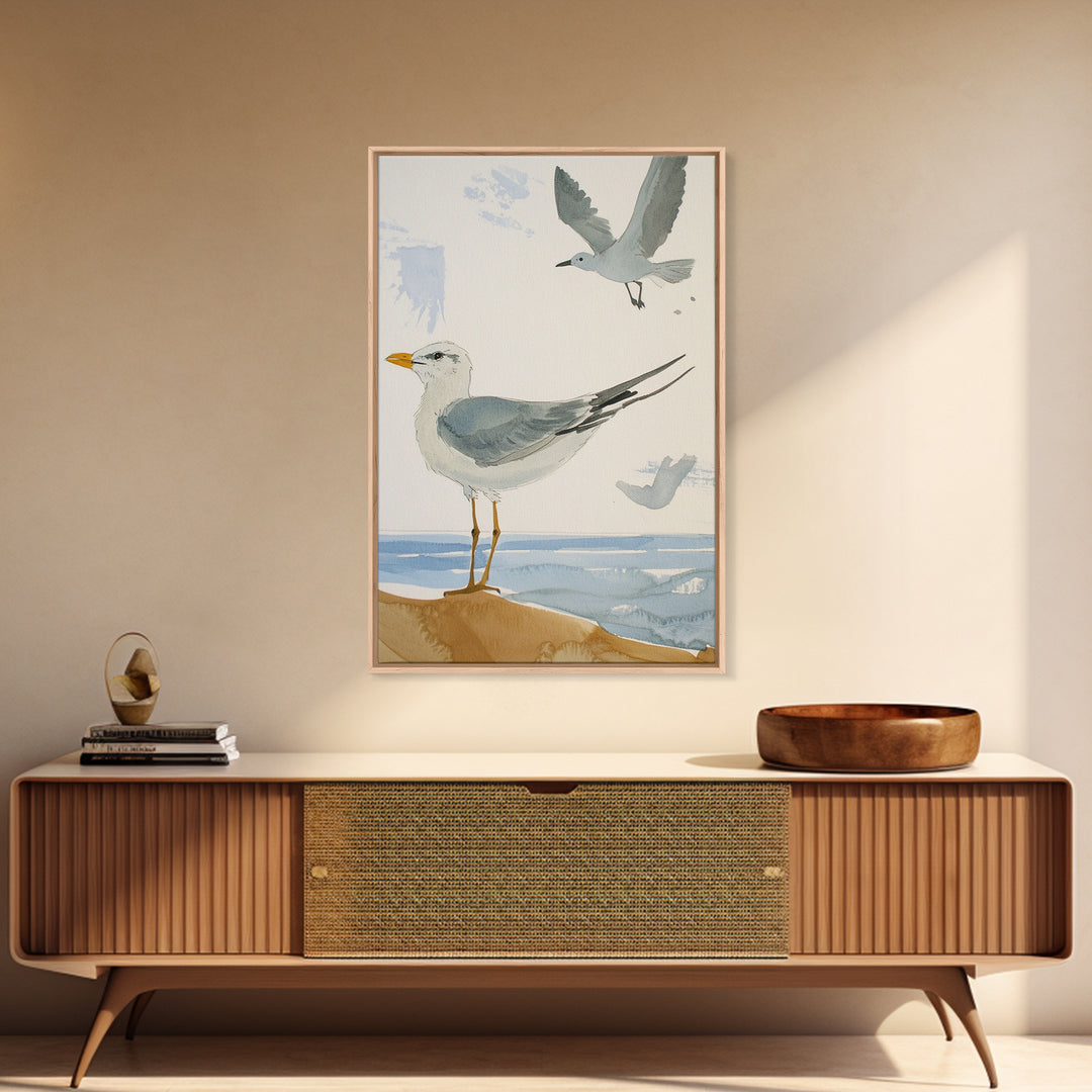 Minimal Seagulls Above Ocean Dune Canvas Print, Coastal Wall Art, Beach House Decor, Nautical Bird Print, Serene Bathroom Decor