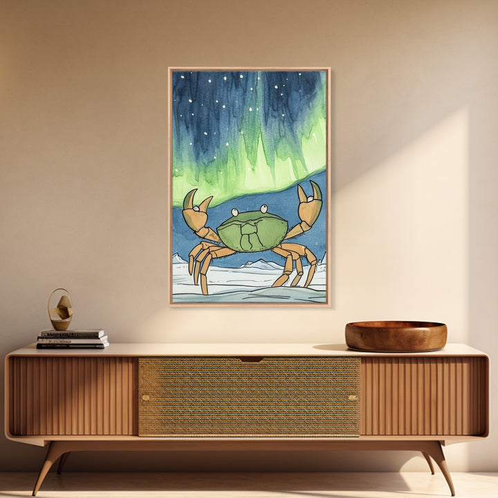 Whimsical Crab Under Northern Lights Wall Art, Coastal Animal Print, Ocean Nursery Decor, Kids Room Decor, Playful Beach House Art