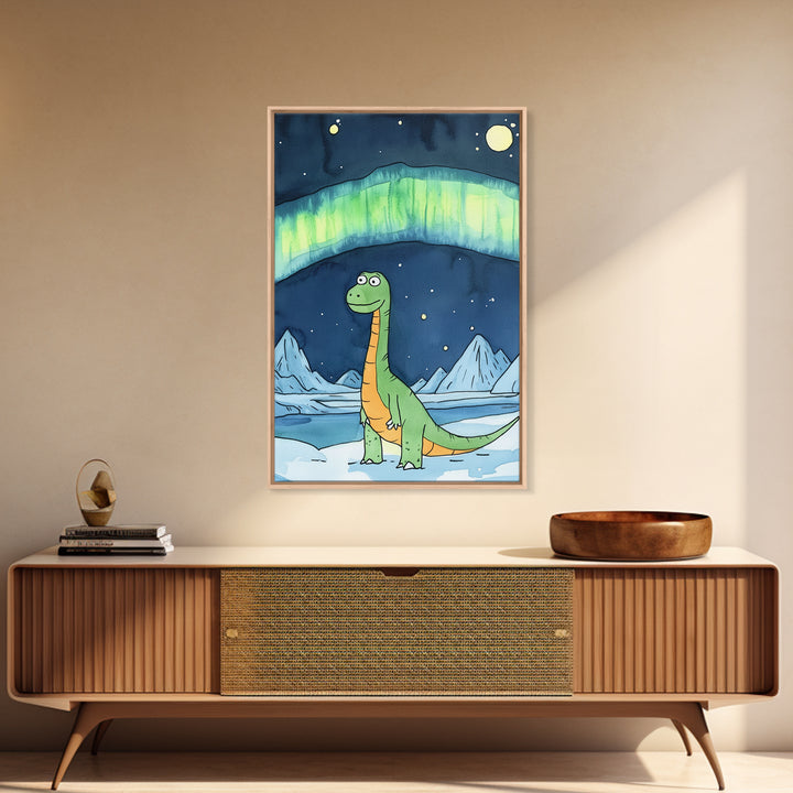 Cute Green Dinosaur Under Northern Lights Wall Art, Whimsical Nursery Decor, Kids Room Art, Arctic Adventure Canvas Print