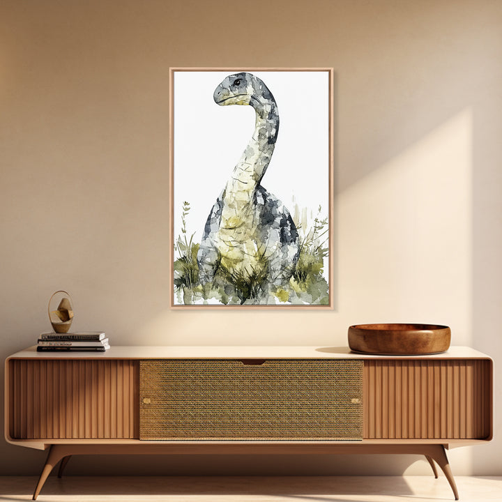 Gentle Long Neck Dinosaur Watercolor Wall Art, Neutral Nursery Decor, Animal Art Print, Kids Room Canvas Print, Baby Gift