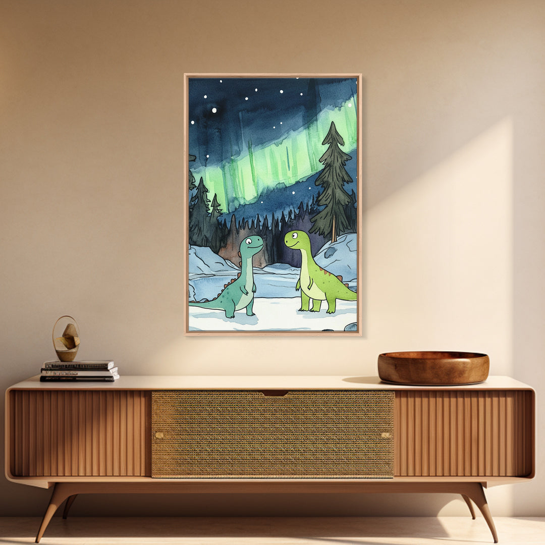 Two Smiling Dinosaurs In Snowy Forest Wall Art, Northern Lights Nursery Decor, Whimsical Kids Room Canvas Print, Baby Shower Gift
