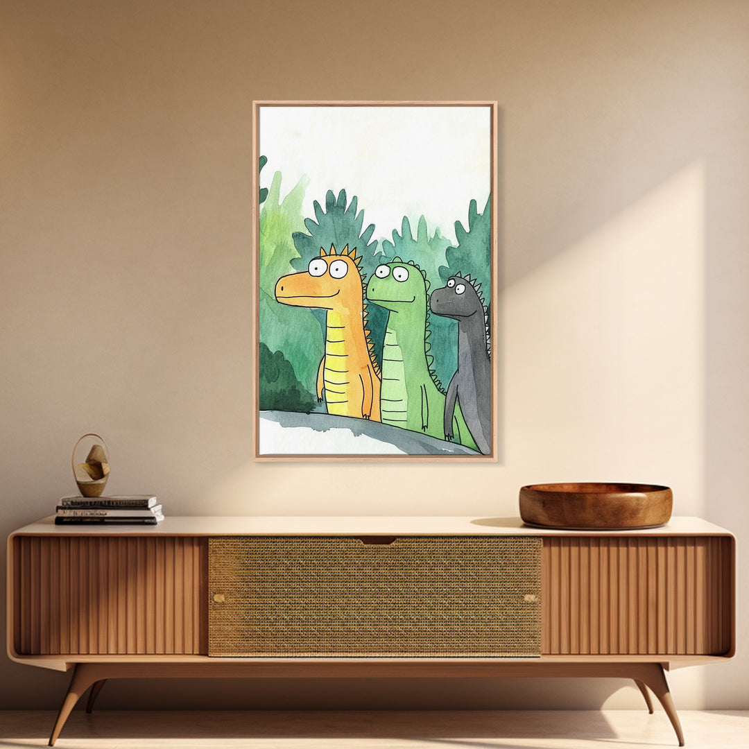 Three Cute Dinosaurs In Green Jungle Wall Art, Whimsical Animal Nursery Decor, Kids Room Art Print, Colorful Canvas Print