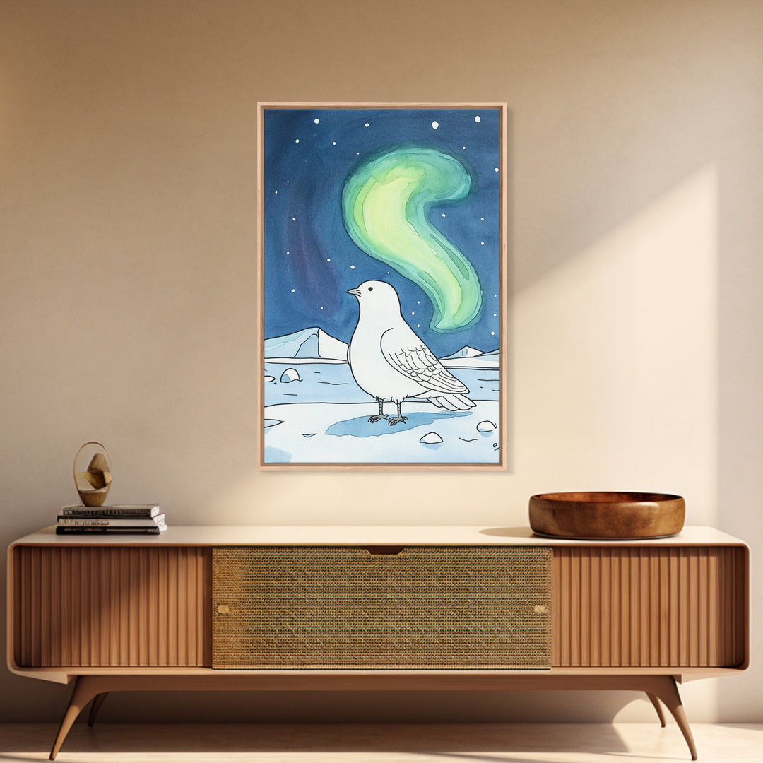White Arctic Bird Beneath Northern Lights Wall Art, Winter Nature Decor, Celestial Bird Art Print, Peaceful Canvas Print