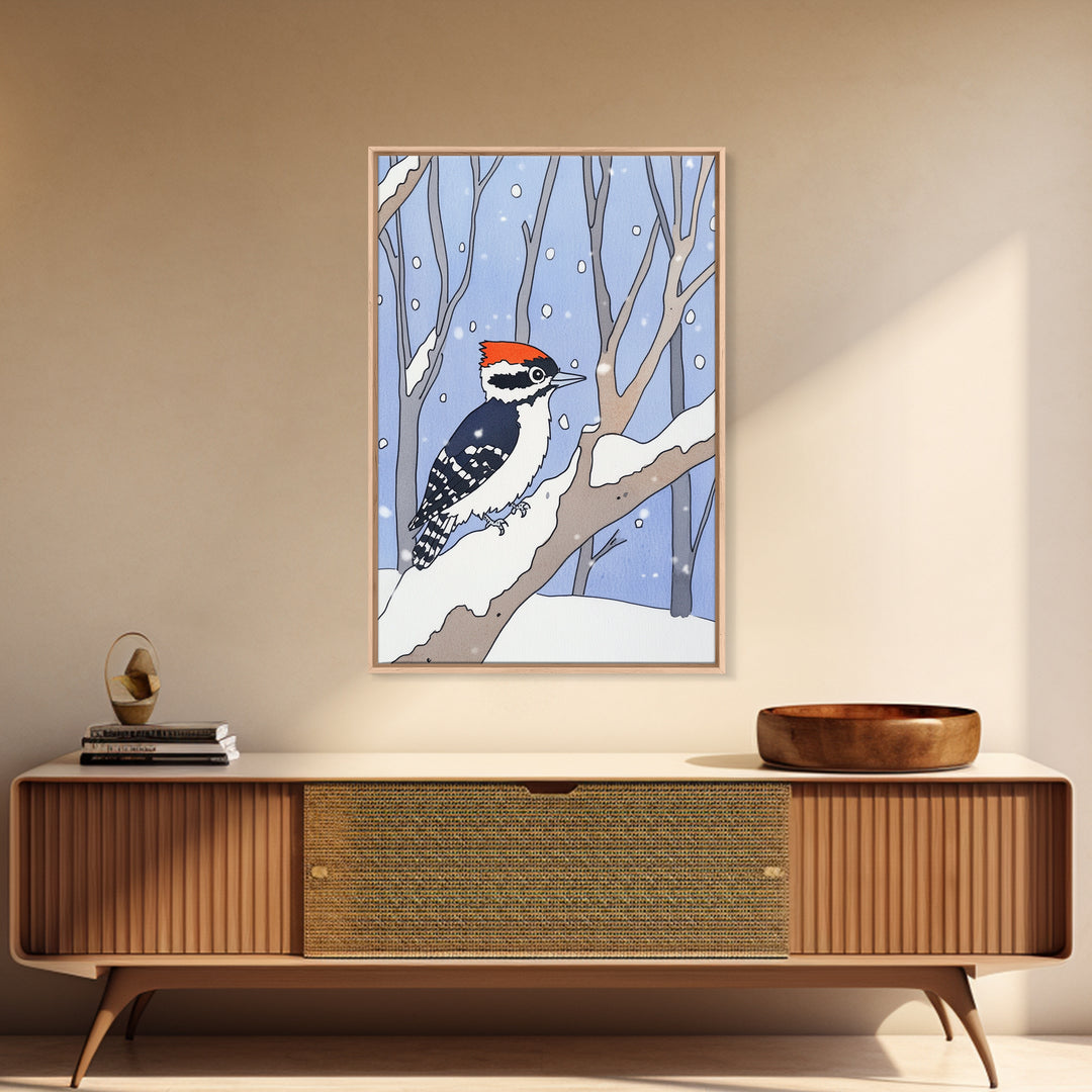 Red Capped Woodpecker In Snowy Winter Forest Wall Art, Woodland Bird Print, Nursery Decor, Rustic Cabin Decor, Nature Gift