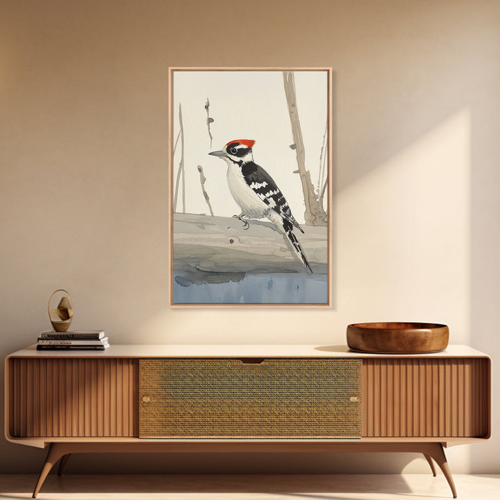 Red Crown Woodpecker On Winter Log Wall Art, Minimalist Bird Print, Woodland Nursery Decor, Rustic Nature Art, Cabin Decor