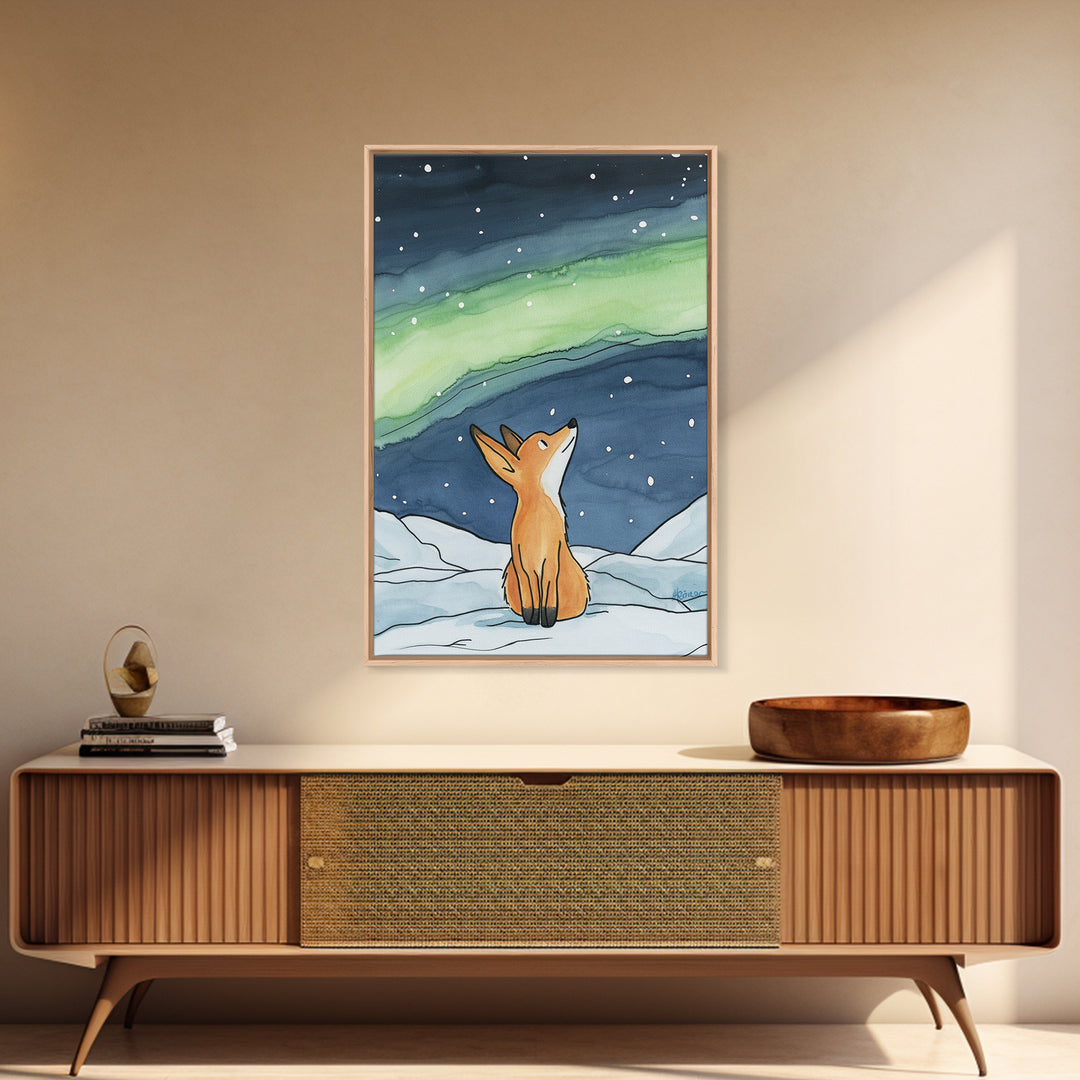 Fox Watching Northern Lights In Snow Canvas Print, Aurora Borealis Wall Art, Woodland Nursery Decor, Winter Cabin Decor, Gift