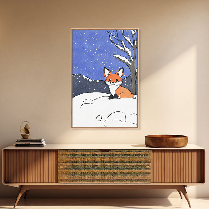 Cute Fox In Snowy Mountain Night Wall Art, Woodland Animal Print, Winter Nursery Decor, Cabin Wall Decor, Whimsical Art Print