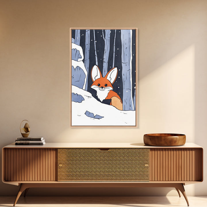 Fox Peeking From Snowy Forest Canvas Print, Woodland Animal Wall Art, Whimsical Nursery Decor, Winter Cabin Decor, Fox Art